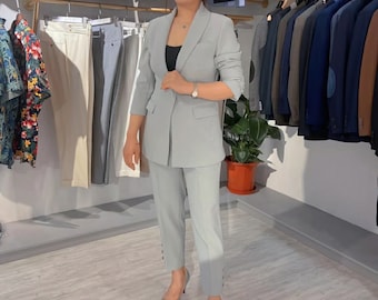 Women 2 Piece Blue Gray Cotton Suit Custom Made Single Breasted Coat/Pant Wedding Formal Dinner Business Party Wear