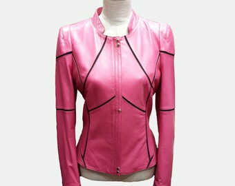 May include: A pink leather jacket with black trim and a zipper closure.