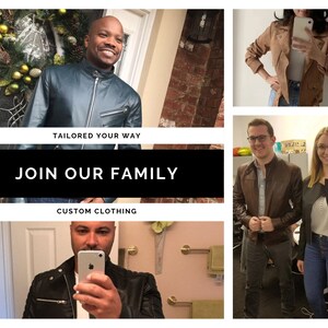May include: A collage of images featuring people wearing leather jackets. The text "Tailored Your Way" and "Join Our Family" is displayed in the center of the collage. The text "Custom Clothing" is displayed at the bottom of the collage.