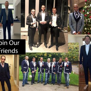 May include: A collage of men in formal attire, including suits and tuxedos. Some are in black tie, others in navy suits, and one in a patterned jacket. The text "Join Our Friends" is displayed in a black box.