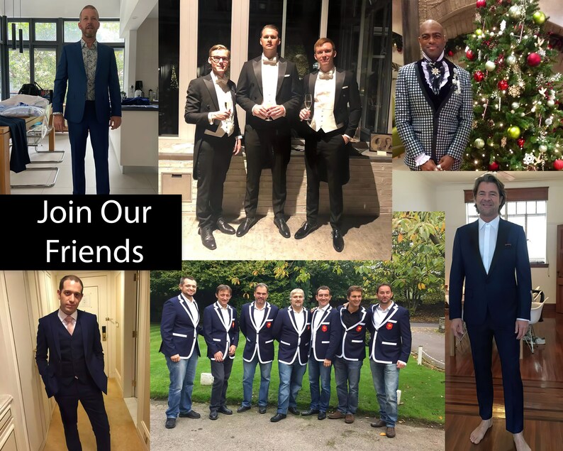 May include: A collage of men in formal attire, including suits and tuxedos. Some are in black tie, others in navy suits, and one in a patterned jacket. The text "Join Our Friends" is displayed in a black box.