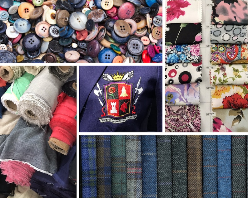 May include: A collage of fabric swatches and buttons. The fabric swatches include a variety of patterns and colors, including floral, paisley, and geometric designs. The buttons are a mix of colors, sizes, and materials. The image also includes a close-up of a blazer with an embroidered crest.