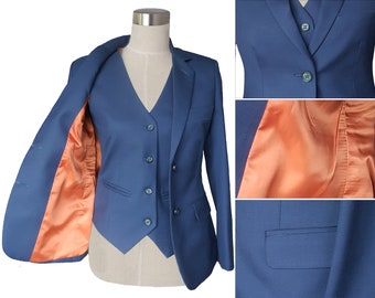 Women&#39;s 3 Piece Blue Suit using wool includes custom jacket and custom pants Super 100s