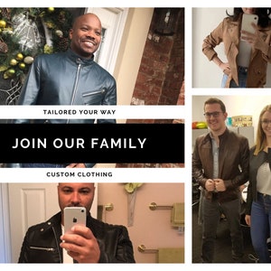 May include: A collage of images featuring people wearing leather jackets. The text "Tailored Your Way" and "Join Our Family" is displayed in the center of the collage. The text "Custom Clothing" is displayed at the bottom of the collage.