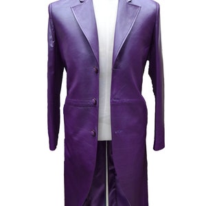 May include: A long, purple leather coat with a single-breasted closure and four buttons. The coat has a long, pointed collar and a tailored fit.