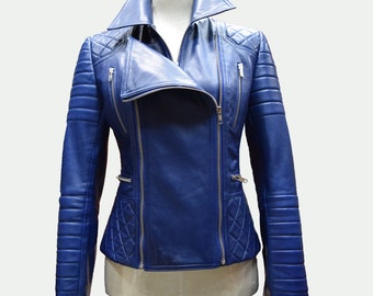 Custom made Leather Jacket - Biker Jacket - Blue Jacket - Short Jacket - Women Jacket - Women Leather Jacket