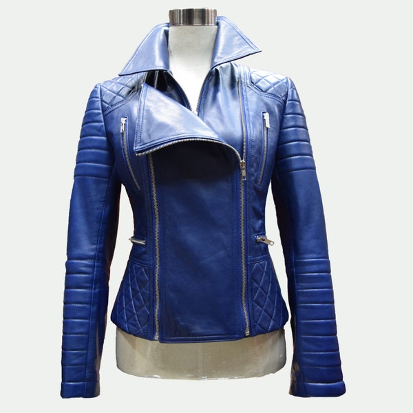 Custom made Leather Jacket - Biker Jacket - Blue Jacket - Short Jacket - Women Jacket - Women Leather Jacket