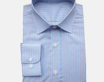 Men's and Women's Blue and Orange Stripes Button-Down Collar Dress Shirt / Custom made / Handmade