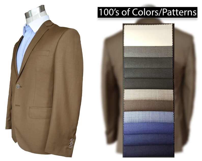 May include: A brown blazer with a light blue shirt underneath, displayed on a mannequin. The image also shows a color swatch with various fabric samples. Text reads "100's of Colors/Patterns".