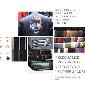May include: A black leather jacket with a skull and flower embroidery design. The jacket features a variety of hardware options, including zippers, buckles, and studs. The image also shows a selection of different leather colors and zipper styles.