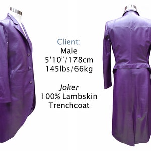 May include: A purple lambskin trench coat with a long, flowing design. The coat has a belt and a double-breasted closure. Client: Male 5'10"/178cm 145lbs/66kg Joker 100% Lambskin Trenchcoat