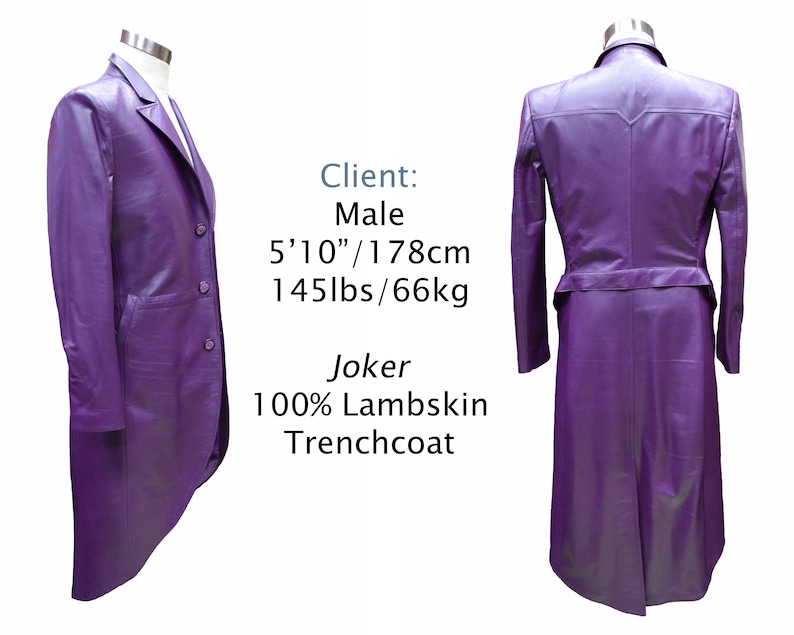 May include: A purple lambskin trench coat with a long, flowing design. The coat has a belt and a double-breasted closure. Client: Male 5'10"/178cm 145lbs/66kg Joker 100% Lambskin Trenchcoat