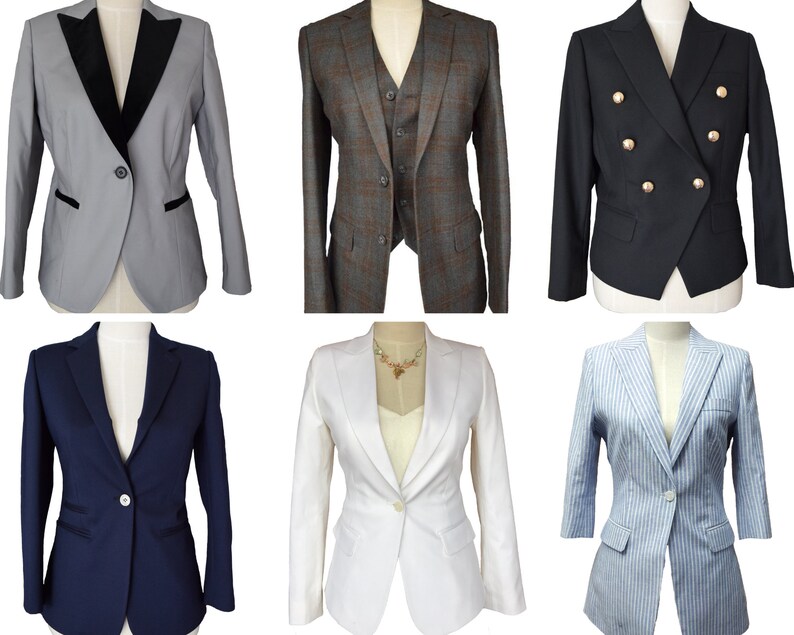 May include: Six different blazers in various colors and styles, including gray, black, white, blue, and striped. The blazers are all tailored and have a classic look.