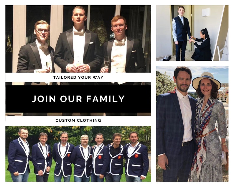 May include: A collage of images showcasing custom clothing. The top left image shows three men in black tuxedo jackets. The top right image shows a man in a blue suit jacket being fitted by a woman. The bottom left image shows a group of men wearing blue blazers with white trim. The bottom right image shows a couple standing together, the man in a blue suit jacket and the woman in a white dress with a patterned scarf.