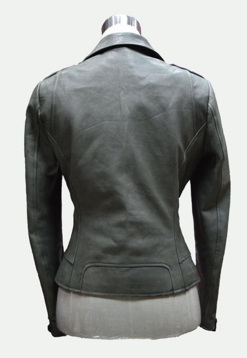 May include: A dark gray leather jacket with a zipper closure and a fitted silhouette.