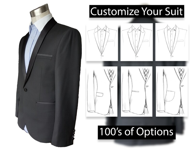 May include: A black suit jacket with a satin lapel and pocket trim is displayed on a mannequin. The jacket is paired with a light blue dress shirt and white collar. The image includes the text "Customize Your Suit" and "100's of Options".