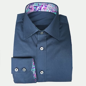 Men&#39;s and Women&#39;s Navy Blue Button-Down Collar Dress Shirt / Custom made / Handmade