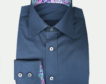 Men&#39;s and Women&#39;s Navy Blue Button-Down Collar Dress Shirt / Custom made / Handmade