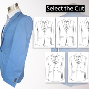 May include: A light blue blazer with a white dress shirt and a light blue tie. The blazer has three buttons on the sleeve and a single button closure. The image also shows several blazer style options with the text "Select the Cut".
