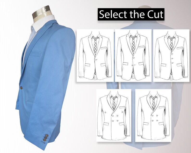 May include: A light blue blazer with a white dress shirt and a light blue tie. The blazer has three buttons on the sleeve and a single button closure. The image also shows several blazer style options with the text "Select the Cut".