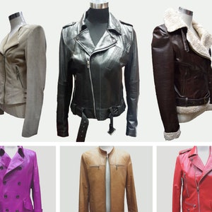 May include: Six different leather jackets in various colors, including brown, black, gray, tan, pink, and red. The jackets are displayed on mannequins.