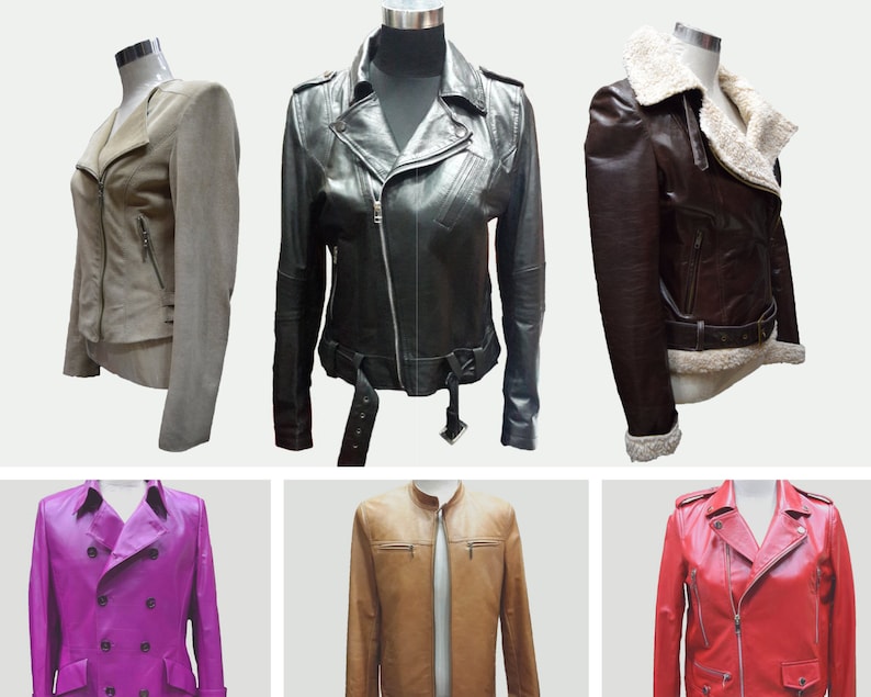 May include: Six different leather jackets in various colors, including brown, black, gray, tan, pink, and red. The jackets are displayed on mannequins.
