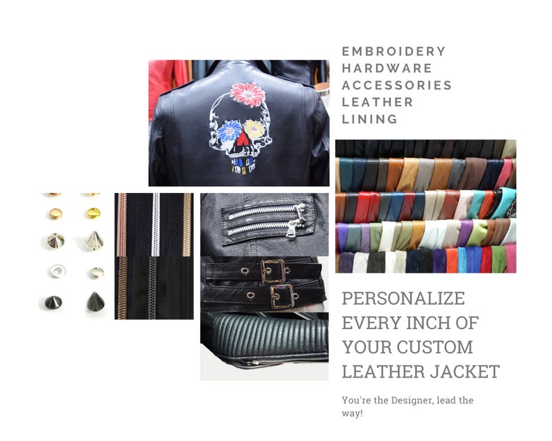 May include: A black leather jacket with a skull and flower embroidery design. The jacket has a zipper closure, a collar, and a quilted lining. The image also shows various hardware options, including zippers, studs, and buckles.
