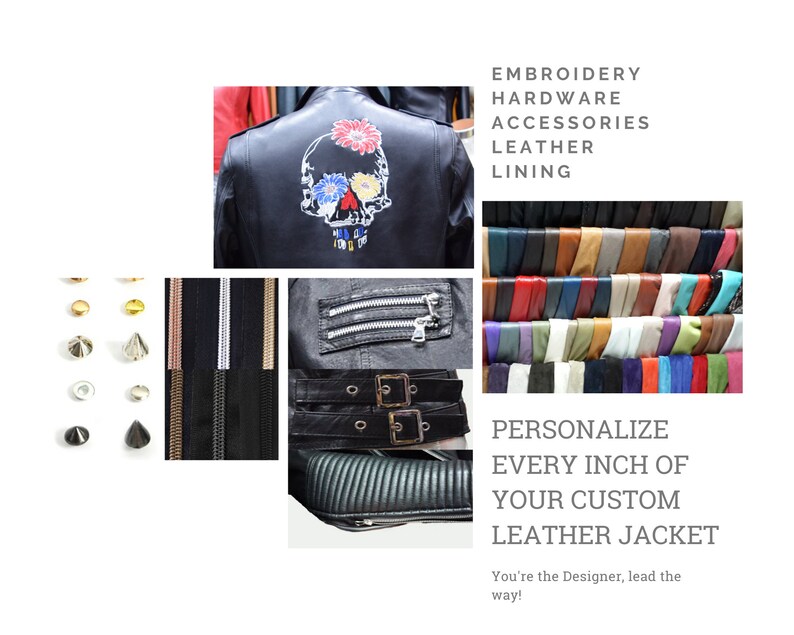 May include: A black leather jacket with a skull and flower embroidery design. The jacket features a variety of hardware options, including zippers, buckles, and studs. The image also shows a selection of different colored leathers and zipper options.