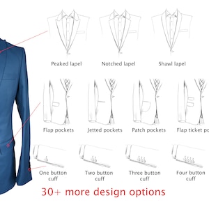 May include: A light blue blazer with a single button cuff.  The image shows different lapel styles, pocket styles, and button cuff options for a suit jacket.  The text reads "30+ more design options".