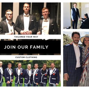 May include: A collage of images showcasing custom clothing. The top left image shows three men in black tuxedo jackets. The top right image shows a man in a blue suit jacket being fitted by a woman. The bottom left image shows a group of men wearing blue blazers with white trim. The bottom right image shows a couple standing together, the man in a blue suit jacket and the woman in a white dress with a patterned scarf.