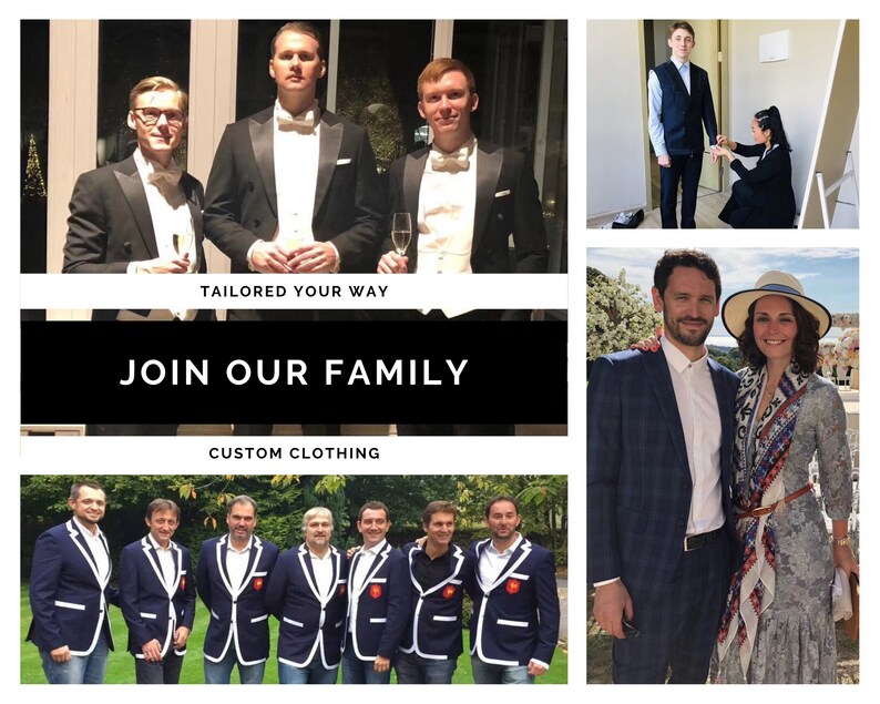 May include: A collage of images showcasing custom clothing. The top left image shows three men in black tuxedo jackets. The top right image shows a man in a blue suit jacket being fitted by a woman. The bottom left image shows a group of men wearing blue blazers with white trim. The bottom right image shows a couple standing together, the man in a blue suit jacket and the woman in a white dress with a patterned scarf.