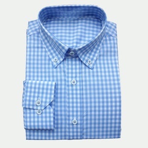 Men&#39;s and Women&#39;s Light Blue Check Button-Down Collar Dress Shirt / Custom made / Handmade