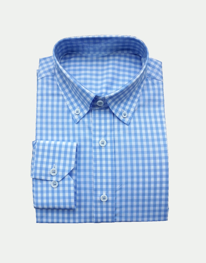 Men/'s and Women/'s Light Blue Check Button-Down Collar Dress Shirt Custom made Handmade