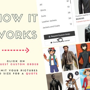 May include: A collage of images showing different types of jackets, including leather jackets, denim jackets, and anime-inspired jackets. The text "How it works" is at the top of the image, and the text "Click on Request Custom Order Submit your pictures and size for a quote" is at the bottom of the image. The text "Custom Leather Jacket - Men's $520.00 4 people have this in their cart" is also visible in the image.