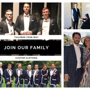 May include: A collage of images showcasing custom clothing. The top left image shows three men in black tuxedo jackets. The top right image shows a man in a blue suit jacket being fitted by a woman. The bottom left image shows a group of men wearing blue blazers with white trim. The bottom right image shows a couple standing together, the man in a blue suit jacket and the woman in a white dress with a patterned scarf.