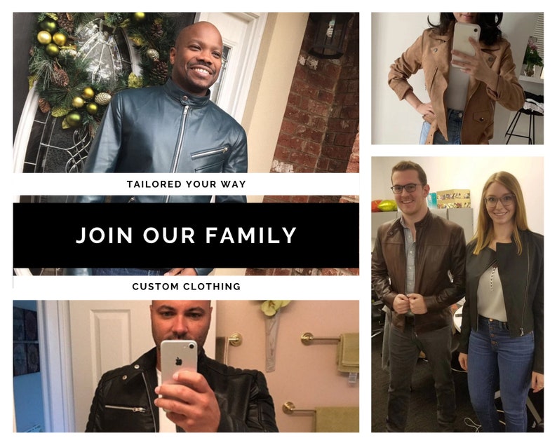 May include: A collage of images featuring people wearing leather jackets. The text "Tailored Your Way" and "Join Our Family" is displayed in the center of the collage. The text "Custom Clothing" is displayed at the bottom of the collage.