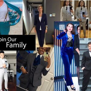 May include: A collage of people wearing suits in various colors and styles. The suits range from teal to navy blue and gray, with some featuring vests and ties. The text "Join Our Family" is displayed in a black rectangle.