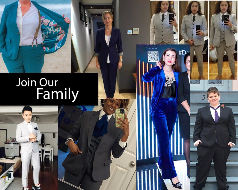 May include: A collage of people wearing suits in various colors and styles. The suits range from teal to navy blue and gray, with some featuring vests and ties. The text "Join Our Family" is displayed in a black rectangle.