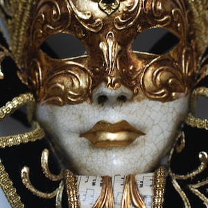 Jester Mask with Collar - Back and Gold Joker - Wall-decoration- Venetian Mask - Full Face Venetian Mask (F55 Nero oro musica oro)