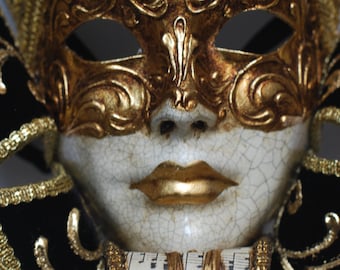 Jester Mask with Collar - Back and Gold Joker - Wall-decoration- Venetian Mask - Full Face Venetian Mask (F55 Nero oro musica oro)