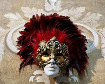 Venetian Mask,Red Baroque Feather Mask,Original Mask