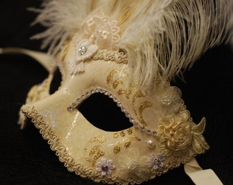 Eye Mask &quot;Into the White&quot; with Plumes - Original and Traditional Venetian Mask - ITW04 - White Wedding Mask