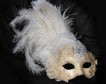 Eye Mask "Into the White" with Plumes - Original and Traditional Venetian Mask - White Wedding Mask - white Mask with Plumes MT44