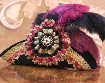 Tricorno Nero e Rosso,Cappello Storico da Uomo e Donna