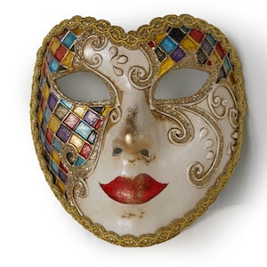 Venezianische Vollgesichtsmaske - Herzmaske mit Harlekinmuster V33