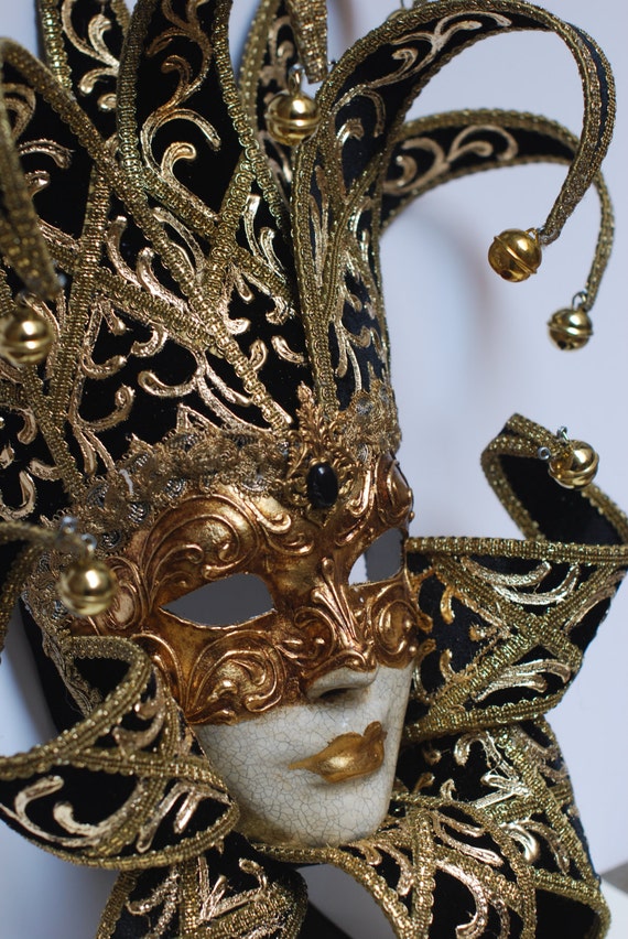 Jester Mask With Collar Full Face Venetian Mask Gold and Balck Home Decor  Jester, Interiori Design Mask F22 