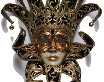 首輪付き道化師マスク - フルフェイス ベネチアンマスク ゴールドと