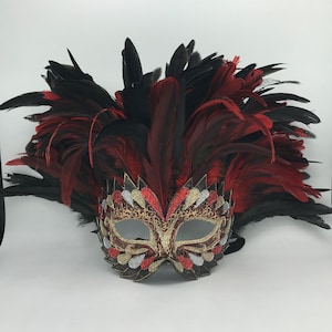 Maschera Veneziana,Incas Rosso e Nero,Maschera Originale Con Piume