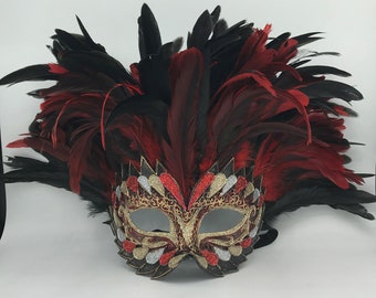 Maschera Veneziana,Incas Rosso e Nero,Maschera Originale Con Piume