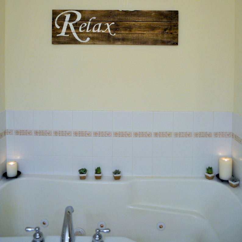 Bathtub Tray with painted words to double as Wall Hanging or Etsy